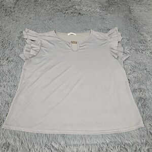 Snowflake Blouse Womens L/XL Gray Ruffled Sleeve Casual Keyhole Top